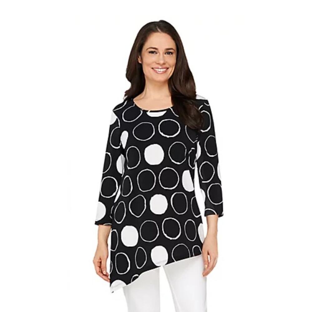 Susan Graver Black & White Dot Liquid Knit Asymmetrical Tunic Top, Size 2X